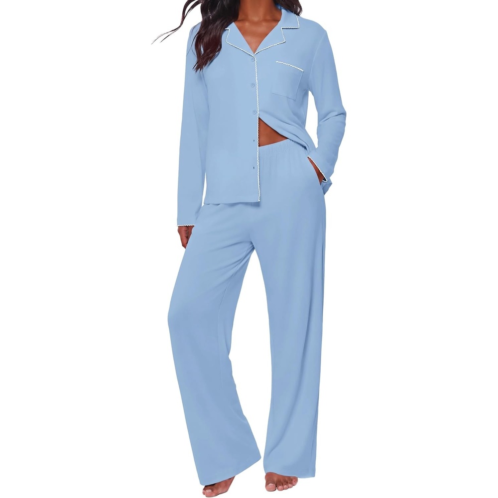 image:imageEkouaernbspPajamasnbspSetnbspfornbspWomennbspCottonnbspPjsnbspButtonnbspUpnbspLongnbspSleevenbspLoungenbspSetsClear Blue