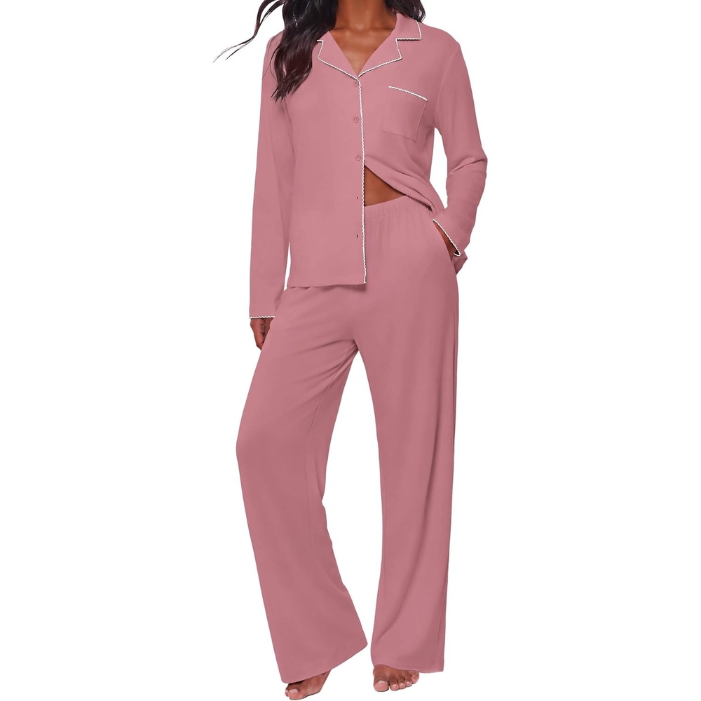 image:imageEkouaernbspPajamasnbspSetnbspfornbspWomennbspCottonnbspPjsnbspButtonnbspUpnbspLongnbspSleevenbspLoungenbspSetsDusty Rose