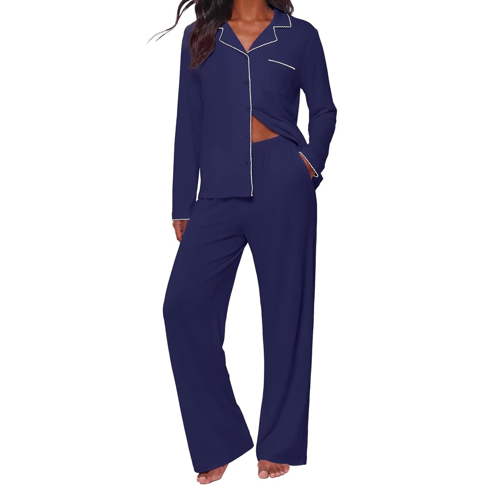 image:imageEkouaernbspPajamasnbspSetnbspfornbspWomennbspCottonnbspPjsnbspButtonnbspUpnbspLongnbspSleevenbspLoungenbspSetsNavy Blue