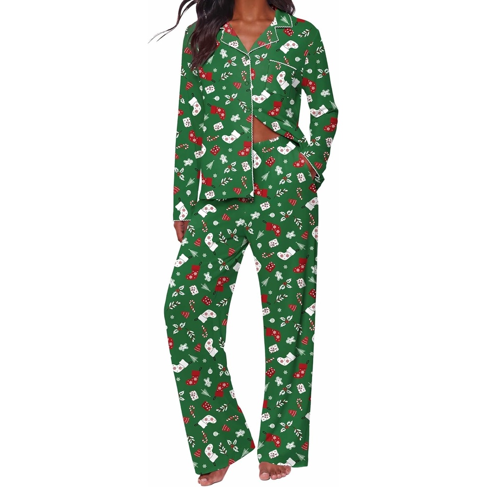 image:imageEkouaernbspPajamasnbspSetnbspfornbspWomennbspCottonnbspPjsnbspButtonnbspUpnbspLongnbspSleevenbspLoungenbspSetsXmas Green