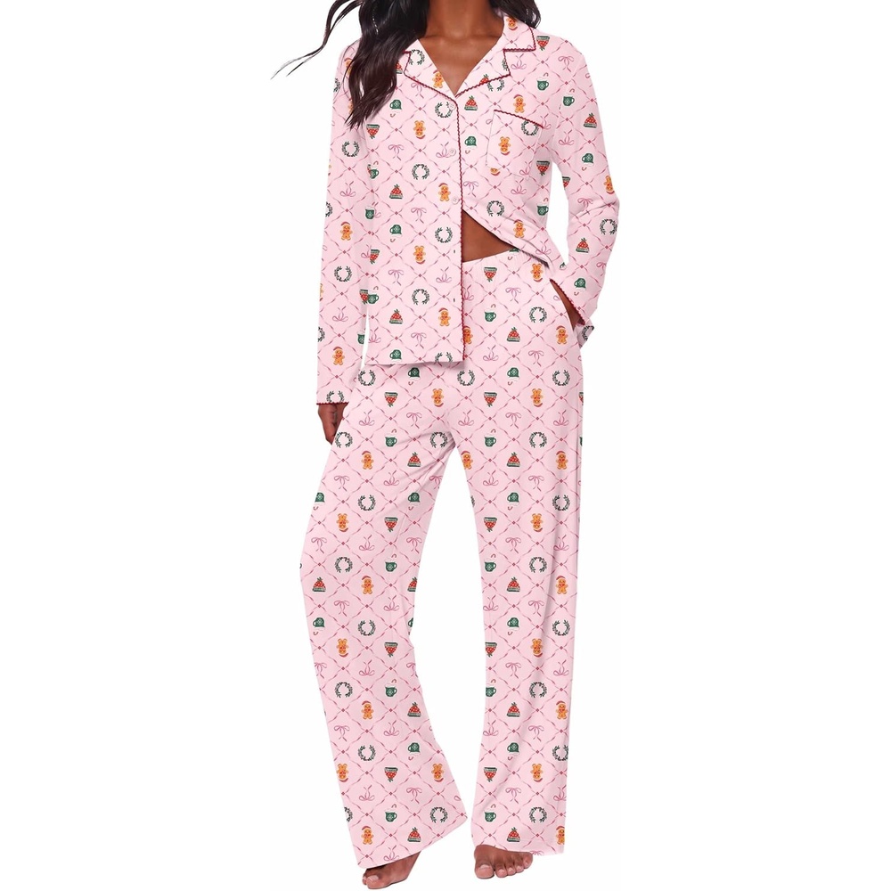 image:imageEkouaernbspPajamasnbspSetnbspfornbspWomennbspCottonnbspPjsnbspButtonnbspUpnbspLongnbspSleevenbspLoungenbspSetsXmas Pink