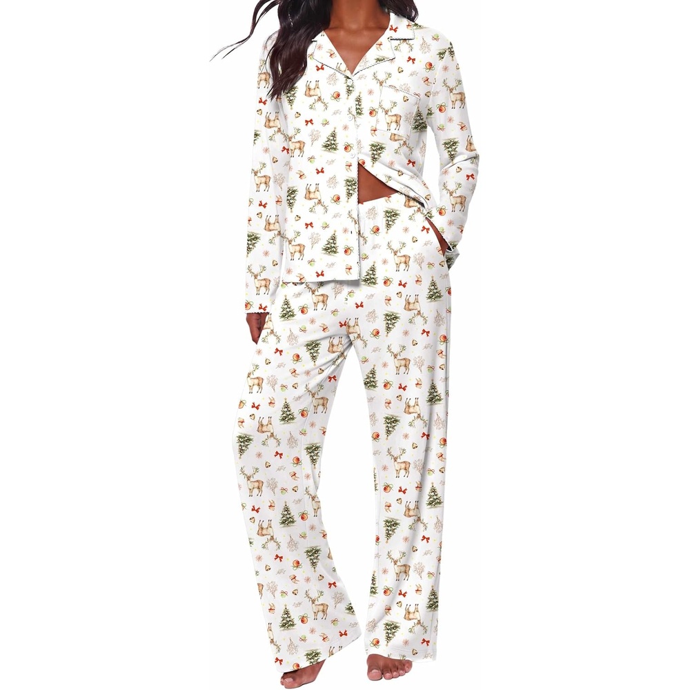 image:imageEkouaernbspPajamasnbspSetnbspfornbspWomennbspCottonnbspPjsnbspButtonnbspUpnbspLongnbspSleevenbspLoungenbspSetsXmas White