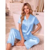 Ekouaer Silk Pajamas for Women Short Sleeve Sleepwear Button Down Pj Sets(Light Blue)