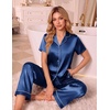 Ekouaer Silk Pajamas for Women Short Sleeve Sleepwear Button Down Pj Sets(Navy Blue)