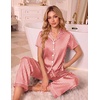 Ekouaer Silk Pajamas for Women Short Sleeve Sleepwear Button Down Pj Sets(Red Stripes)