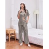 Ekouaer Silk Satin Pajamas for Women Set 2 Piece Short Sleeve Button Up Pjs(Black Stripe)