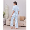 Ekouaer Silk Satin Pajamas for Women Set 2 Piece Short Sleeve Button Up Pjs(Blue Stripe)