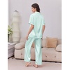 Ekouaer Silk Satin Pajamas for Women Set 2 Piece Short Sleeve Button Up Pjs(Green Stripe)