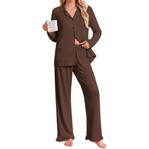Ekouaer Pajamas for Women Set Button Up Pj Soft Long Sleeve Lounge Sets(Brown)