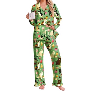 Ekouaer Pajamas for Women Set Button Up Pj Soft Long Sleeve Lounge Sets(Cat Green)