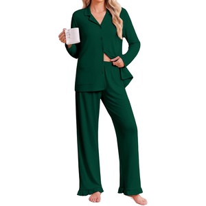 Ekouaer Pajamas for Women Set Button Up Pj Soft Long Sleeve Lounge Sets(Dark Green)