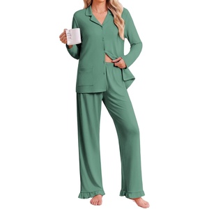 Ekouaer Pajamas for Women Set Button Up Pj Soft Long Sleeve Lounge Sets(Green Gray)