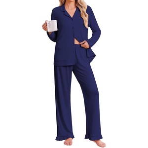 Ekouaer Pajamas for Women Set Button Up Pj Soft Long Sleeve Lounge Sets(Navy Blue)