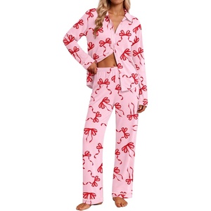 Ekouaer Pajamas for Women Set Cotton Long Sleeve Pjs Button Up Lounge Sets(Pink Bow)