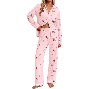 Ekouaer Pajamas for Women Set Cotton Long Sleeve Pjs Button Up Lounge Sets(Pink Christmas Candy Canes)