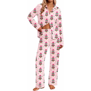 Ekouaer Pajamas for Women Set Cotton Long Sleeve Pjs Button Up Lounge Sets(Pink Christmas Tree)