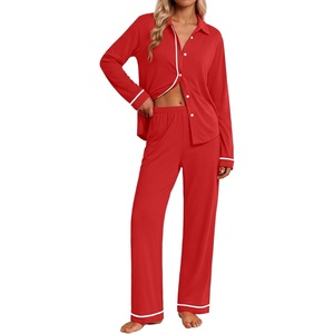 Ekouaer Pajamas for Women Set Cotton Long Sleeve Pjs Button Up Lounge Sets(Red)