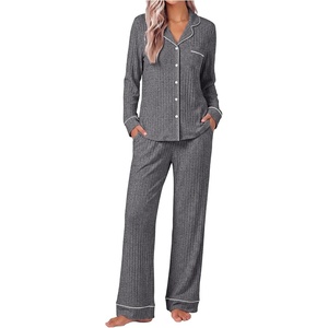 Ekouaer Pajamas for Women Set Soft Button Up Pjs Long Sleeve Lounge Sets(Black)