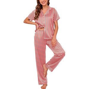 Ekouaer Silk Pajamas for Women Short Sleeve Sleepwear Button Down Pj Sets(Red Stripes)