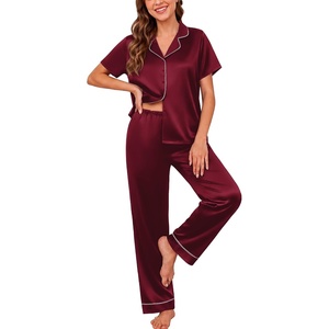 Ekouaer Silk Pajamas for Women Short Sleeve Sleepwear Button Down Pj Sets(Wine Red)