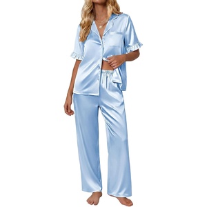Ekouaer Silk Satin Pajamas for Women Set 2 Piece Short Sleeve Button Up Pjs(Blue)