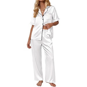 Ekouaer Silk Satin Pajamas for Women Set 2 Piece Short Sleeve Button Up Pjs(Pearl White)