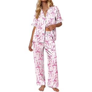 Ekouaer Silk Satin Pajamas for Women Set 2 Piece Short Sleeve Button Up Pjs(Pink Bow)