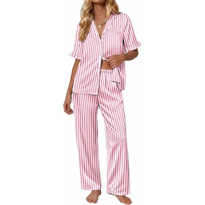 Ekouaer Silk Satin Pajamas for Women Set 2 Piece Short Sleeve Button Up Pjs(Pink Stripe)