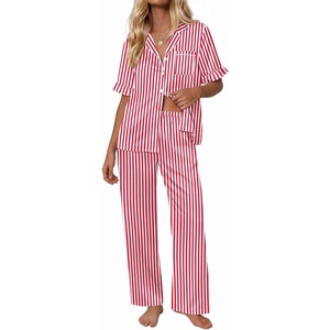 Ekouaer Silk Satin Pajamas for Women Set 2 Piece Short Sleeve Button Up Pjs(Red Stripe)