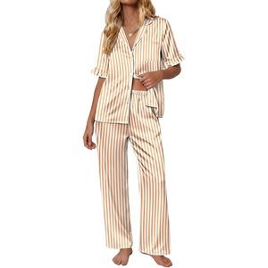 Ekouaer Silk Satin Pajamas for Women Set 2 Piece Short Sleeve Button Up Pjs(Yellow Stripe)