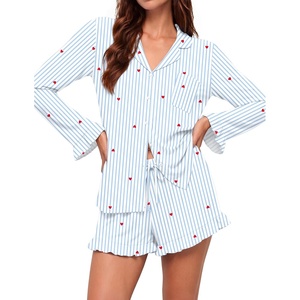 Ekouaer Womens Bamboo Viscose Pajama Sets Long Sleeve and Shorts Lounge Set(Blue White Stripes Hearts)