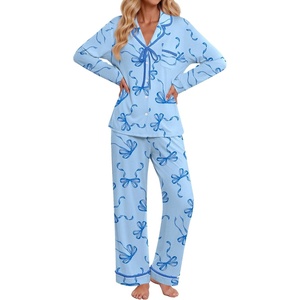 Ekouaer Womens Pajama Sets 2 Piece Button down Pjs Long Sleeve Lounge Sets(Blue Bow)