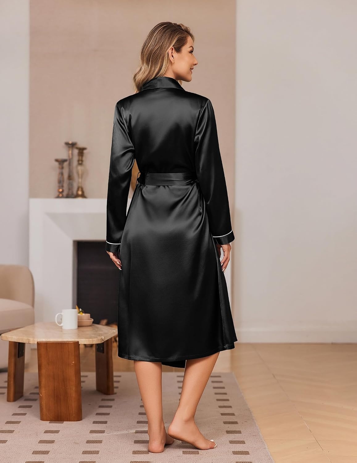 image:imageEkouaer Silk Robes for Women Long Satin Kimono Bathrobe Sexy Bridal RobeBlack