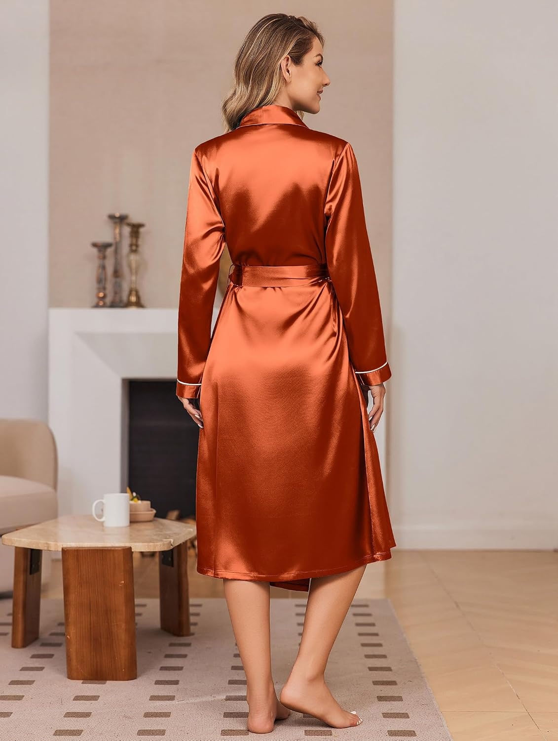image:imageEkouaer Silk Robes for Women Long Satin Kimono Bathrobe Sexy Bridal RobeBurnt Orange