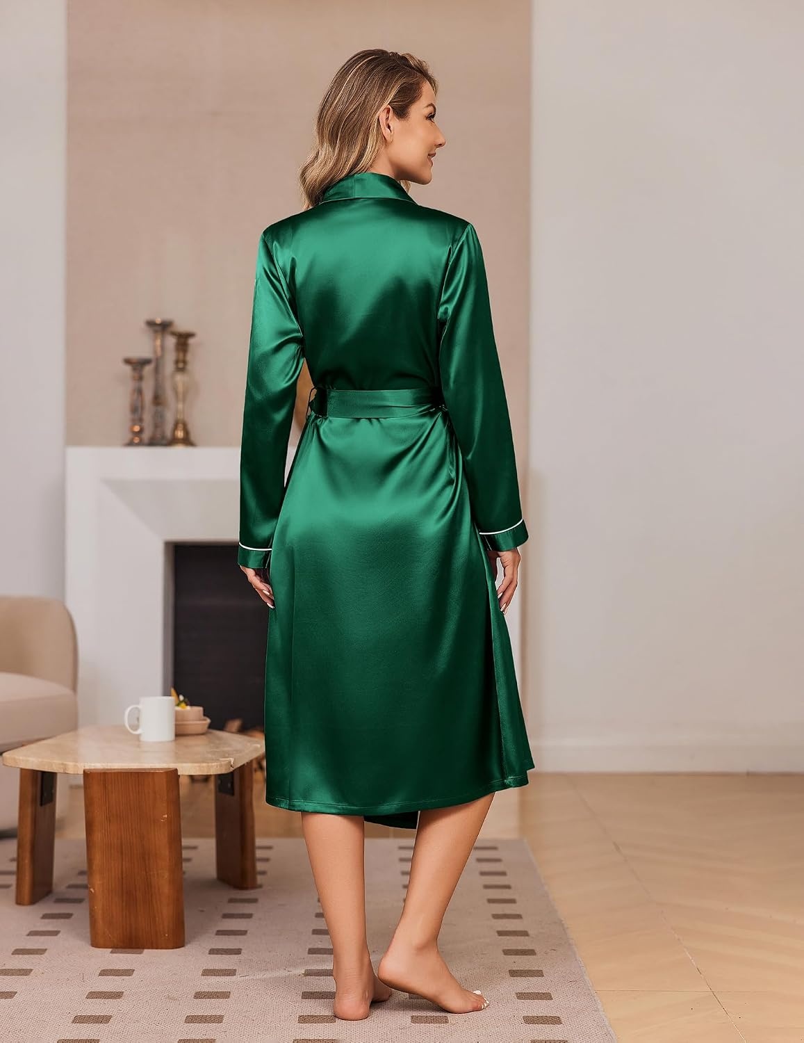 image:imageEkouaer Silk Robes for Women Long Satin Kimono Bathrobe Sexy Bridal RobeGreen