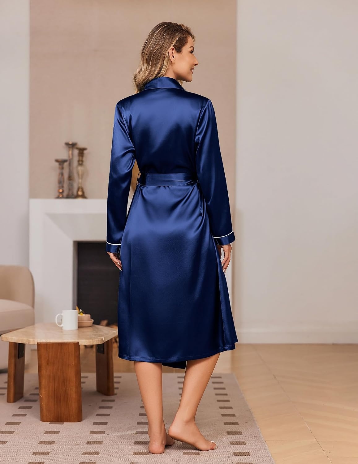 image:imageEkouaer Silk Robes for Women Long Satin Kimono Bathrobe Sexy Bridal RobeNavy Blue