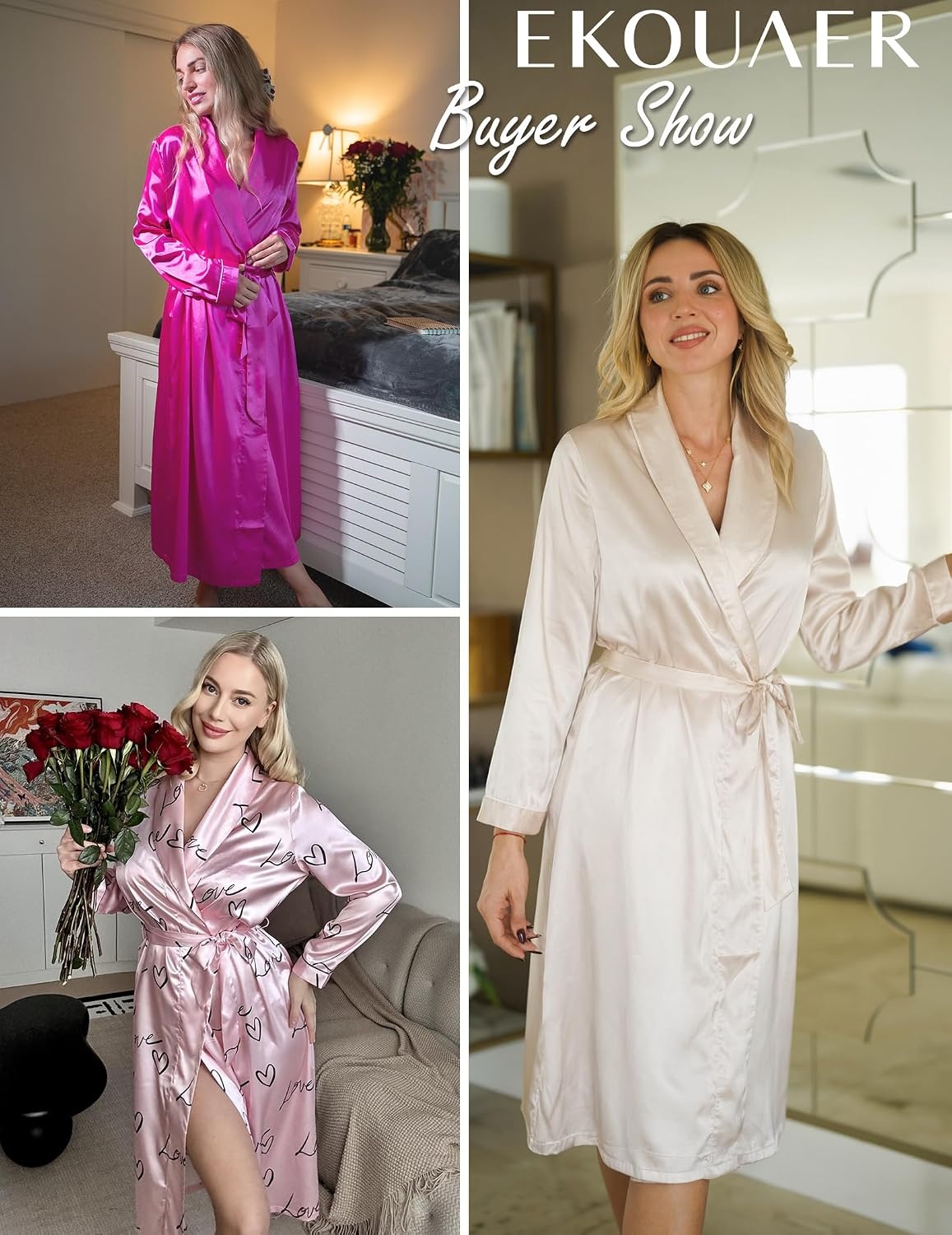 image:imageEkouaer Silk Robes for Women Long Satin Kimono Bathrobe Sexy Bridal RobePink Bow Tie