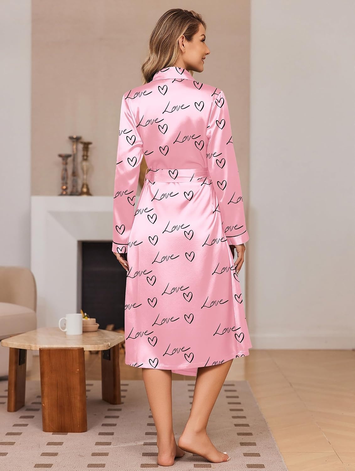 image:imageEkouaer Silk Robes for Women Long Satin Kimono Bathrobe Sexy Bridal RobePink Love