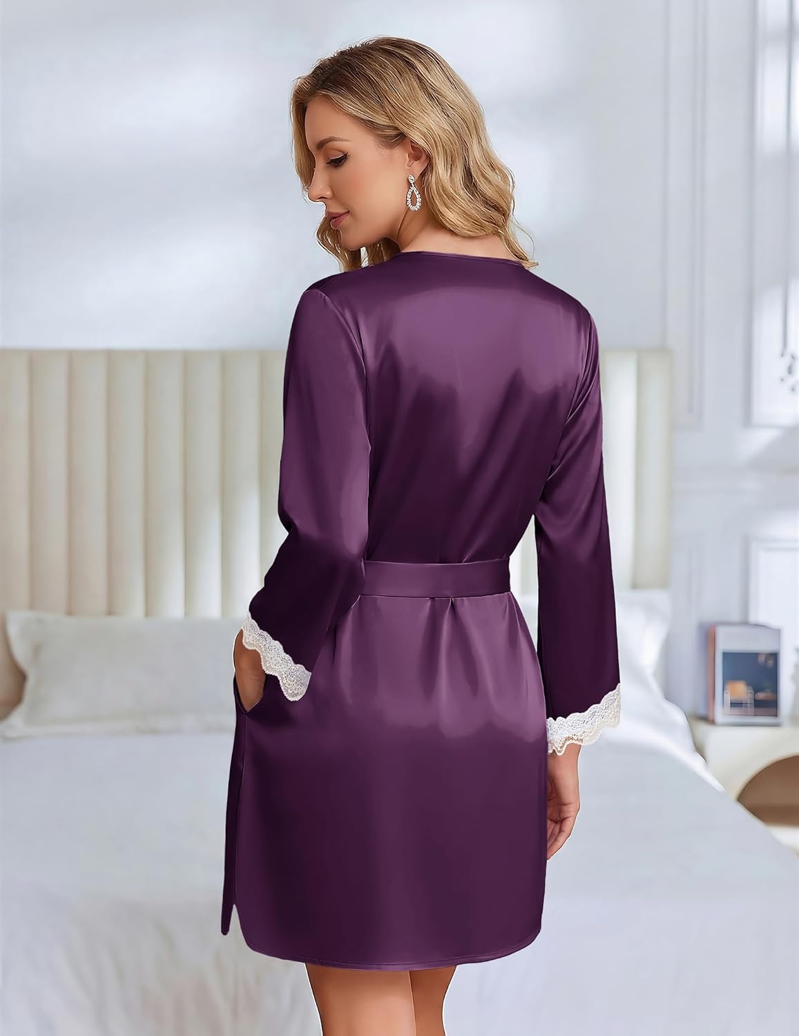 image:imageEkouaer Silk Robes for Women Short Satin Robe 34 Sleeves Kimono BathrobeWineberry