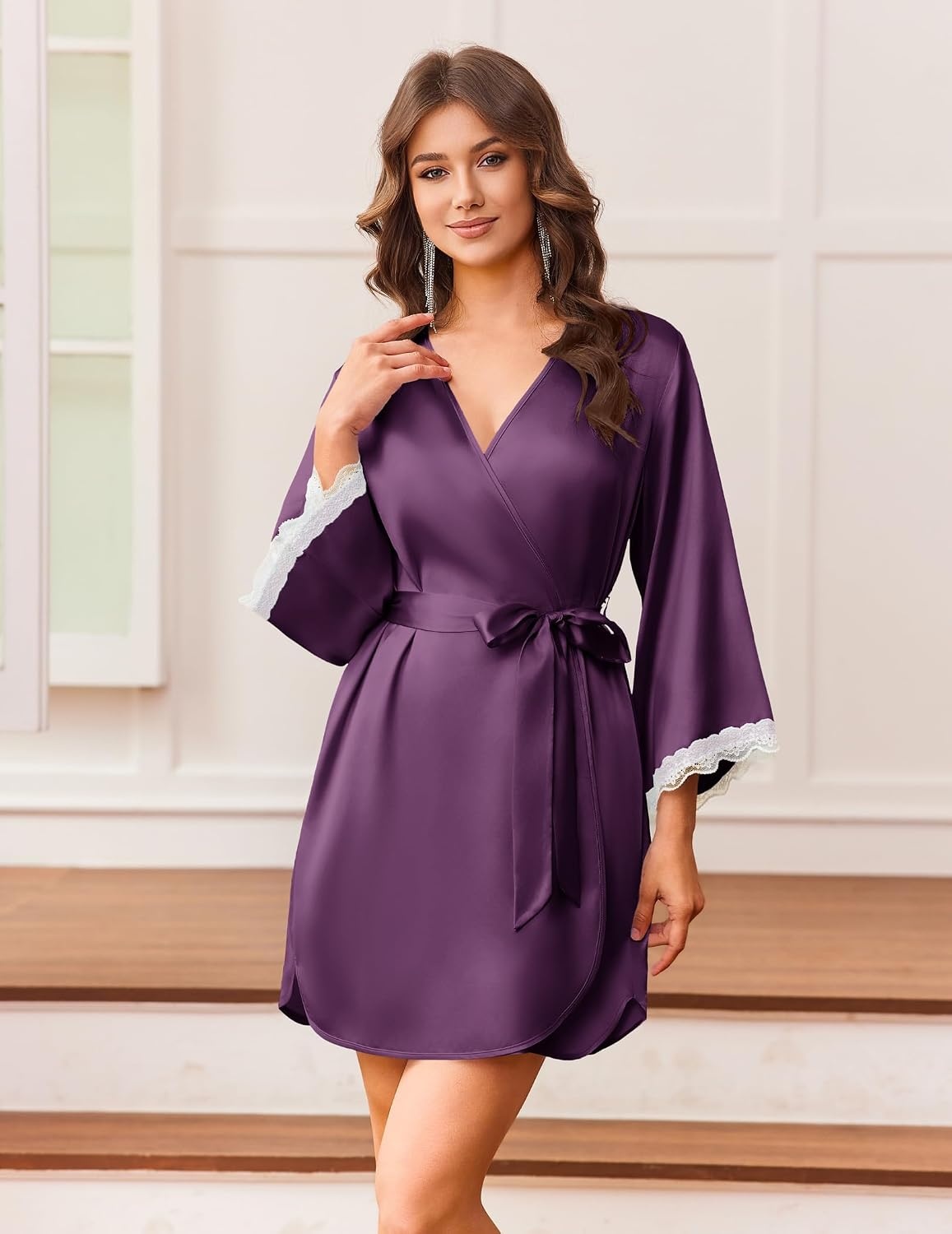 image:imageEkouaer Silk Robes for Women Short Satin Robe 34 Sleeves Kimono BathrobeWineberry