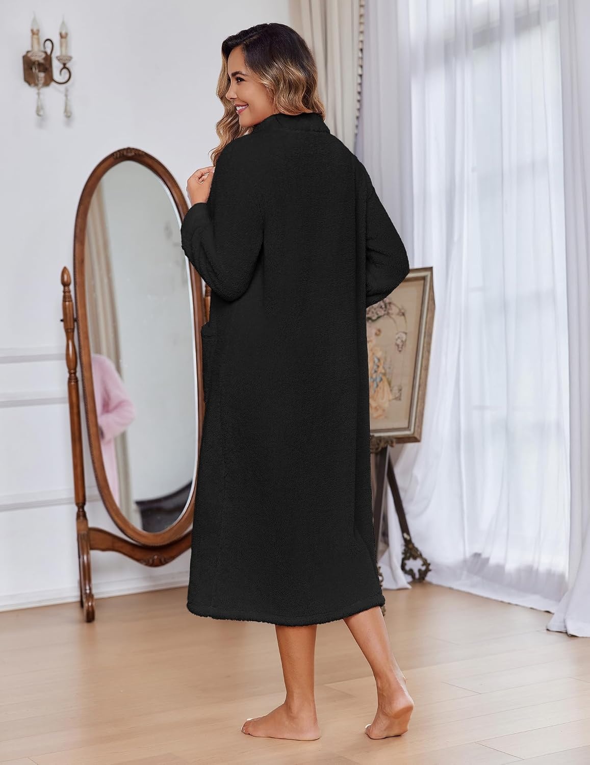 image:imageEkouaer Women Zip Up Robe Fleece Long Sleeves Soft Housecoat with Pockets
