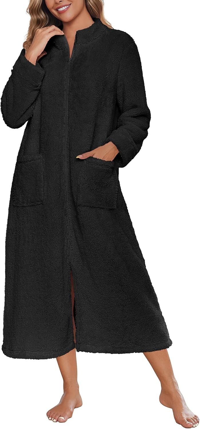 image:imageEkouaer Women Zip Up Robe Fleece Long Sleeves Soft Housecoat with Pockets