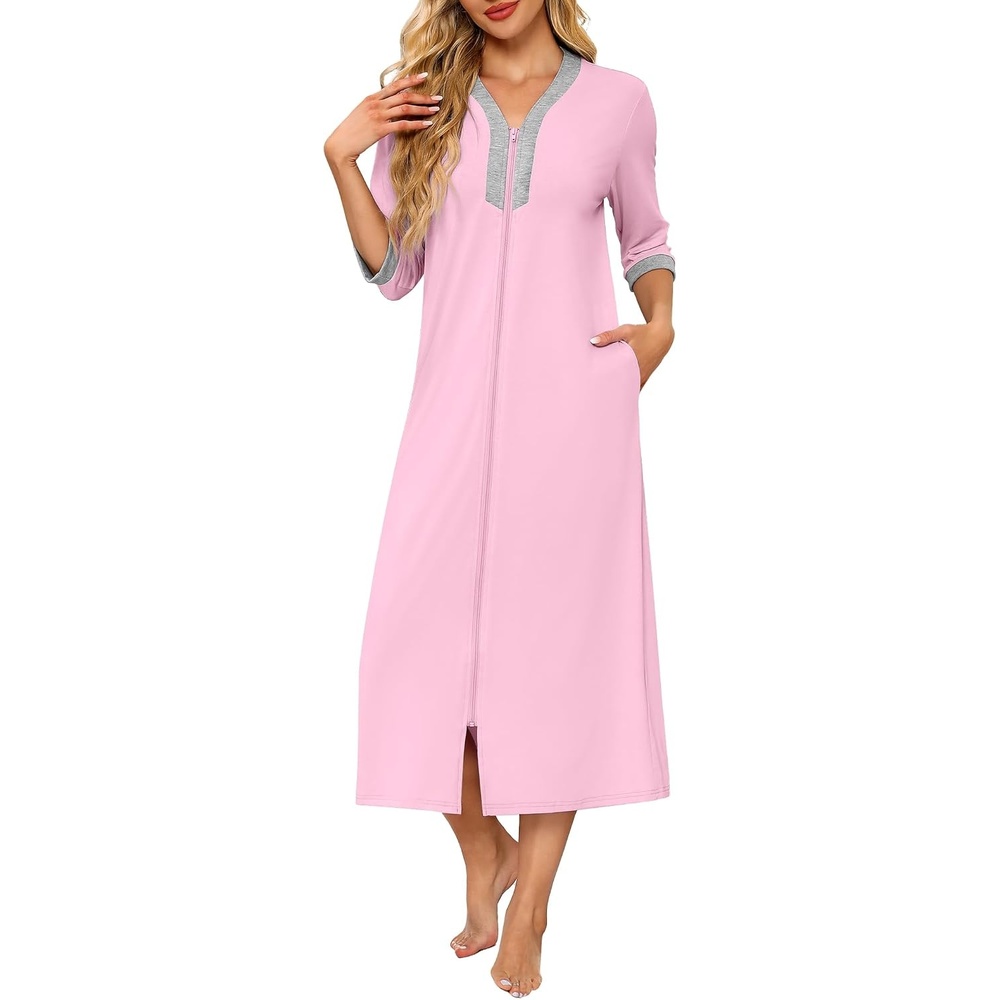image:imageEkouaer Womens Zipper Robe 34 Sleeves Housecoat Full Length NightgownApink