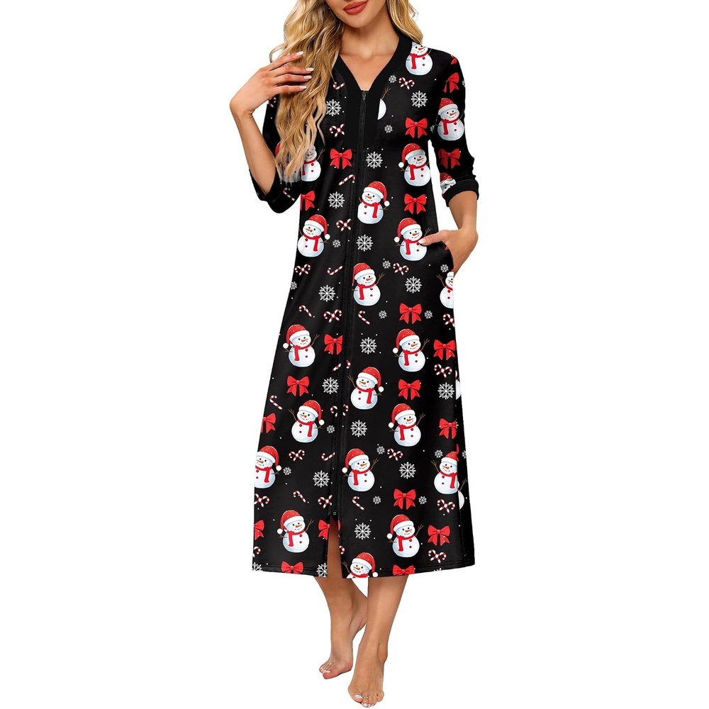 image:imageEkouaer Womens Zipper Robe 34 Sleeves Housecoat Full Length NightgownChristmas Snowman
