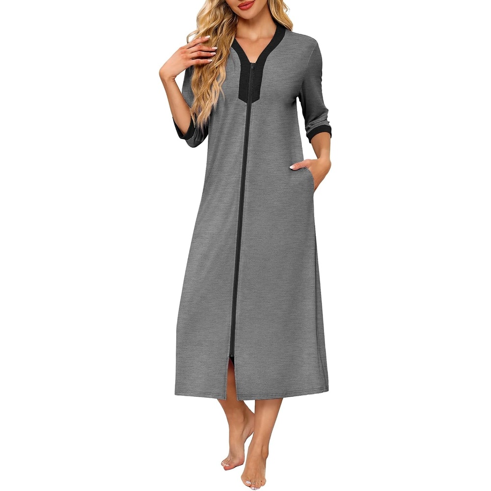 image:imageEkouaer Womens Zipper Robe 34 Sleeves Housecoat Full Length NightgownMid Gray