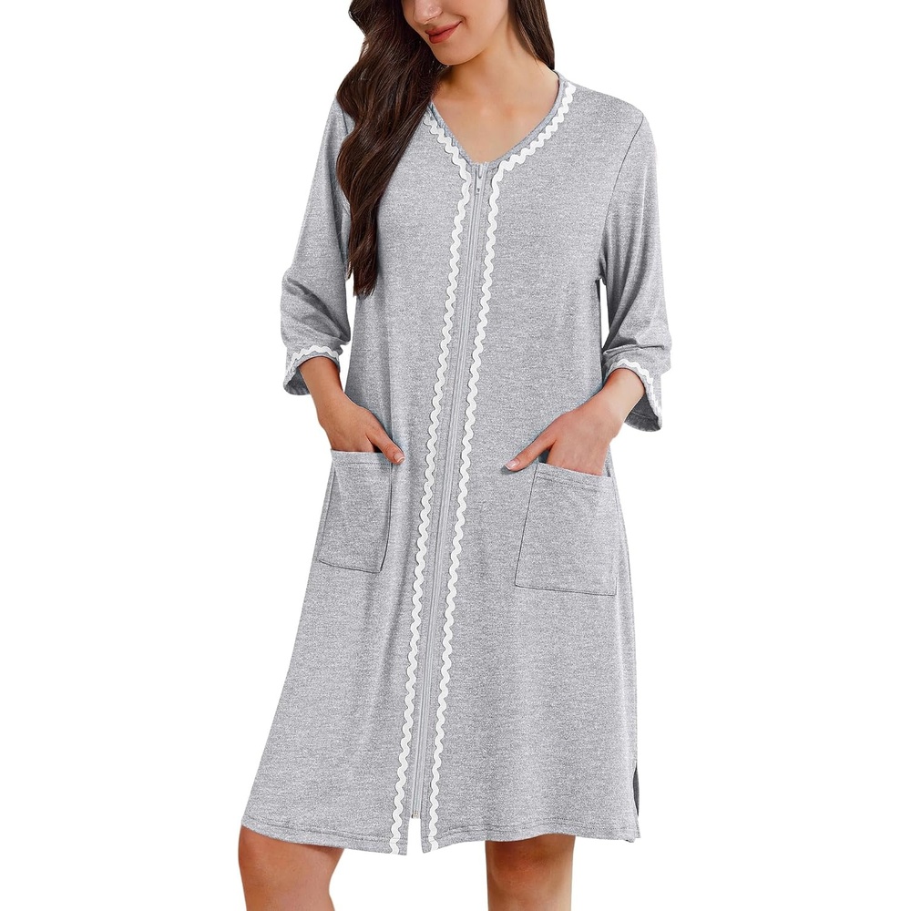 image:imageEkouaer Zipper Robes for Women 34 Sleeves House Coat 2026 Zip Up BathrobeLight Gray