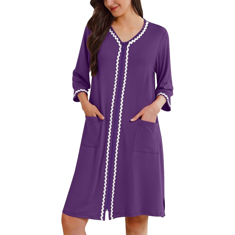 image:imageEkouaer Zipper Robes for Women 34 Sleeves House Coat 2026 Zip Up BathrobePurple