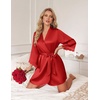 Ekouaer Silk Robes for Women Short Satin Robe 3/4 Sleeves Kimono Bathrobe(Red)