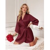 Ekouaer Silk Robes for Women Short Satin Robe 3/4 Sleeves Kimono Bathrobe(Wine Red)