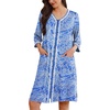 Ekouaer Zipper Robes for Women 3/4 Sleeves House Coat 2026 Zip Up Bathrobe(Blue Pattern)